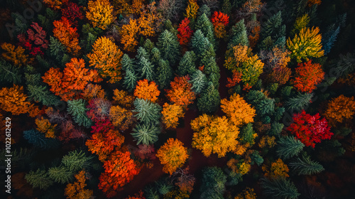 A breathtaking aerial view of a forest during the fall, showcasing a vibrant tapestry of colors.