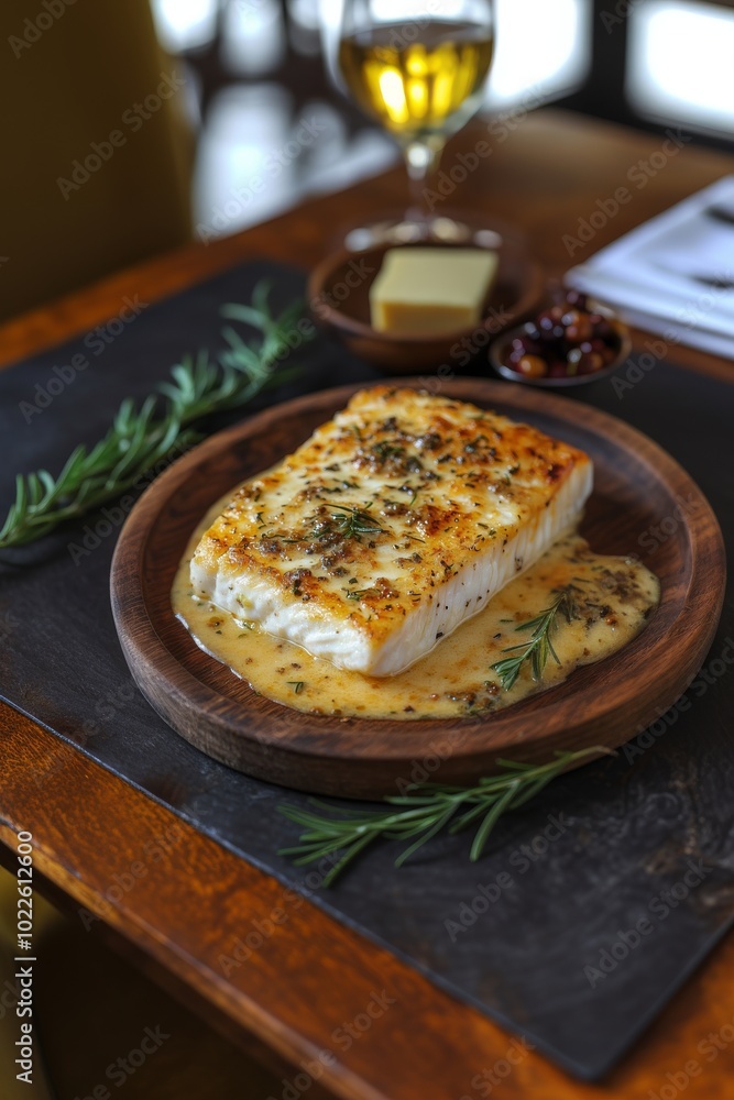Un filete de pescado cubierto con salsa cremosa y decorado con romero fresco, servido en un restaurante elegante con vino blanco.
Un filete de pescado cubierto con salsa cremosa y decorado con romero fresco, servido en un restaurante elegante con vino blanco.