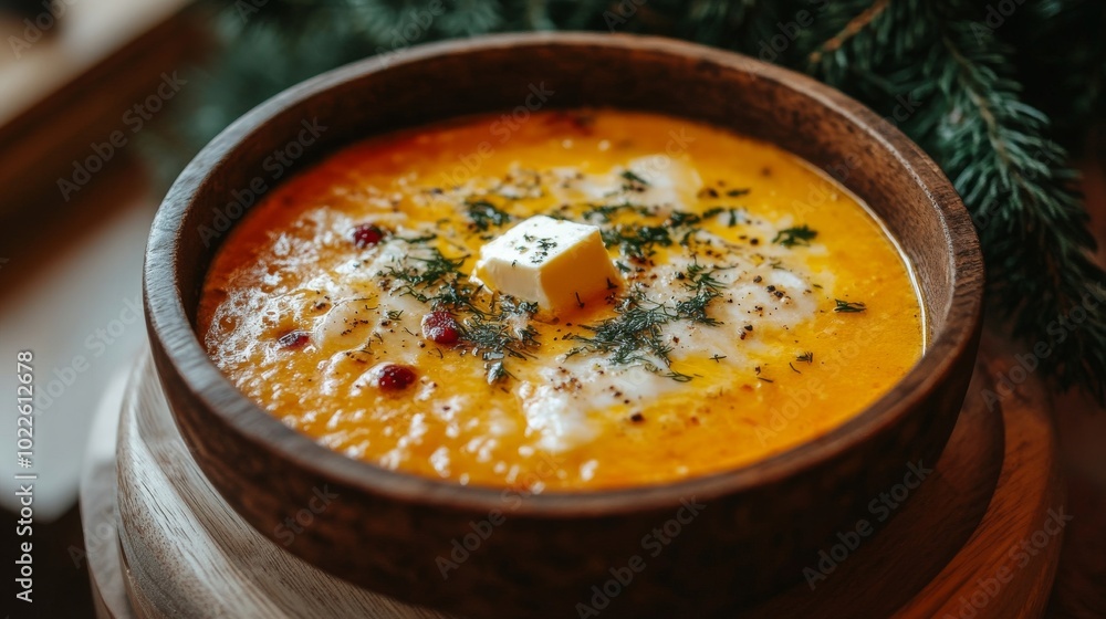 Un tazón de sopa de calabaza cremosa con hierbas frescas, servido en un cuenco de madera, ideal para un día frío.
Un tazón de sopa de calabaza cremosa con hierbas frescas, servido en un cuenco de madera, ideal para un día frío.