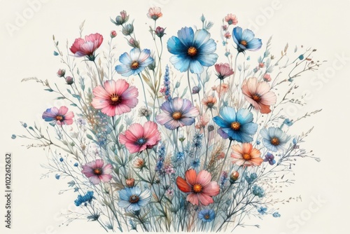 Sanfte Aquarellillustration eines Wildblumenstraußes in zarten Blau-, Rosa- und Gelbtönen auf hellem, fast weißem Hintergrund. Postkarte. Generative KI