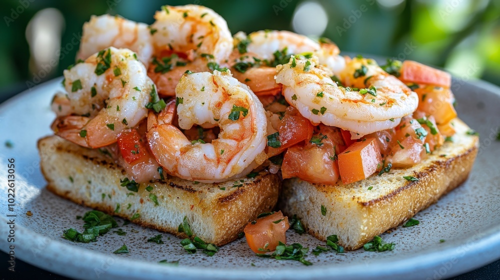 Gambas asadas servidas sobre tostadas de pan con tomate picado y hierbas frescas.
Gambas asadas servidas sobre tostadas de pan con tomate picado y hierbas frescas.