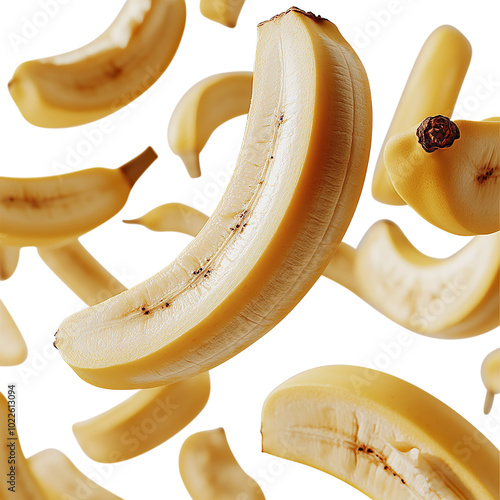 Floating Bananas and Peels in Mid-Air on a Transparent Background photo