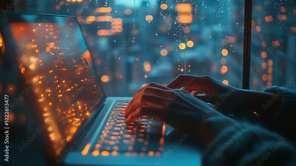 Obraz premium A close-up photograph of hands typing on a laptop, soft overhead lighting, blurred city skyline with twinkling lights outside the window, focus on key details and hands, hd quality,
