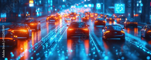 AI-driven traffic system, with autonomous vehicles glowing as they navigate the streets photo