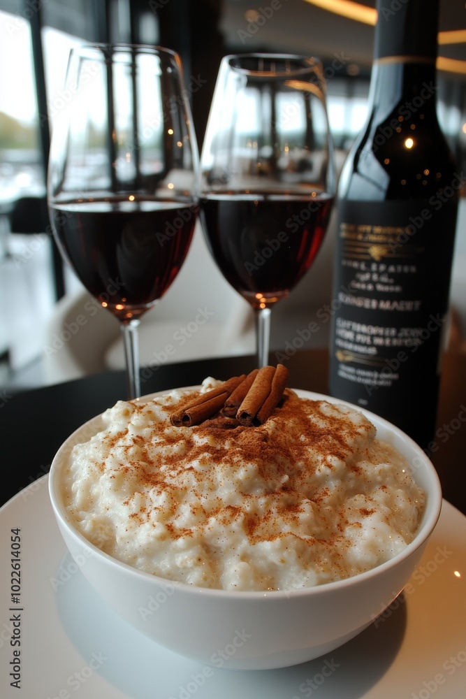 Postre de arroz con canela acompañado de dos copas de vino tinto en un restaurante.
Postre de arroz con canela acompañado de dos copas de vino tinto en un restaurante.