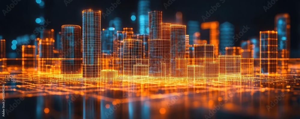 Fototapeta premium AI-enhanced architectural blueprint, with glowing 3D projections of futuristic buildings