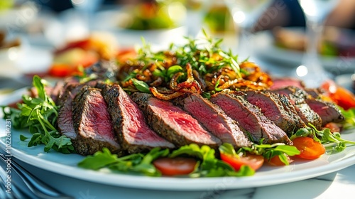 Carne fileteada a término medio, servida con ensalada de verduras frescas y decorada con hierbas.

 photo