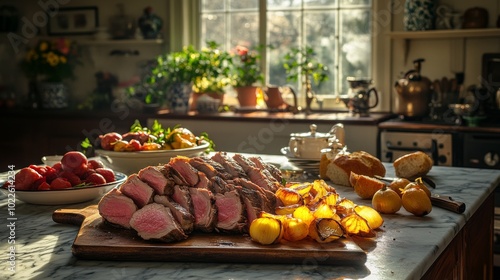 Mesa con carne asada y vegetales al horno en una cocina luminosa y acogedora.

 photo