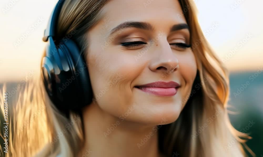 Macro Close-Up of German Woman Enjoying Music Playlist with Headphones Macro Close-Up of German Woman Enjoying Music Playlist with Headphones