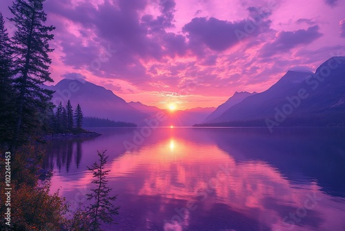 Stunning sunrise over a still lake with mountains in the background.