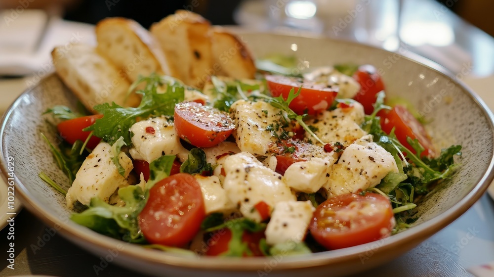 A bowl of fresh mozzarella salad with cherry tomatoes and arugula. A bowl of fresh mozzarella salad with cherry tomatoes and arugula.