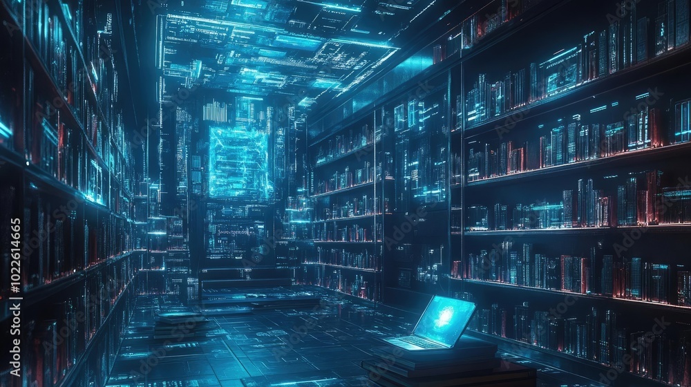 AI-enhanced library, with glowing books and holographic reading spaces AI-enhanced library, with glowing books and holographic reading spaces