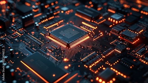 Close-up of a circuit board with glowing components and connections.