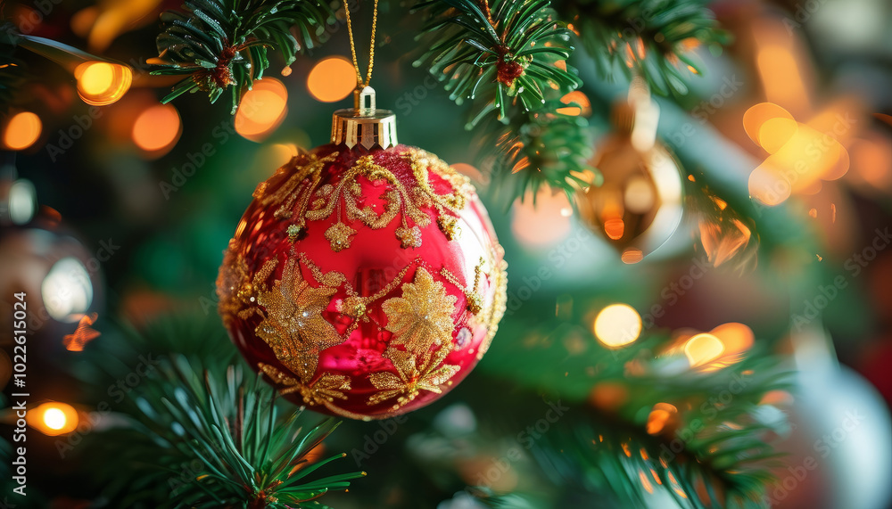 Fototapeta premium Glittering Christmas Decorations with Bokeh Lights. Blue Christmas Ornament with Silver Snowflakes. Golden Christmas Ornament with Glittering Sparkles