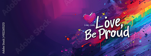 Vibrant, colorful graphic celebrating love and pride with an artistic abstract background, showcasing the message 'Live, Love, Be Proud'.