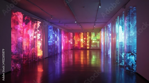 AI-generated art installation, with shifting colors and forms projected onto a gallery wall photo