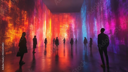 AI-generated art installation, with shifting colors and forms projected onto a gallery wall photo