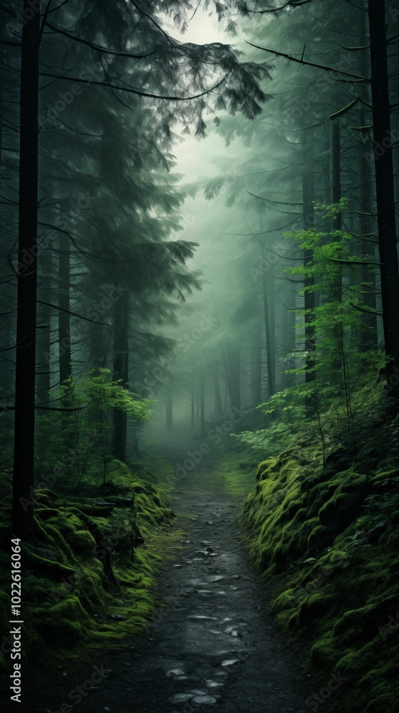 Fototapeta premium A misty forest path enveloped in fog wallpaper for mobile, 9:16 ratio. Generative ai