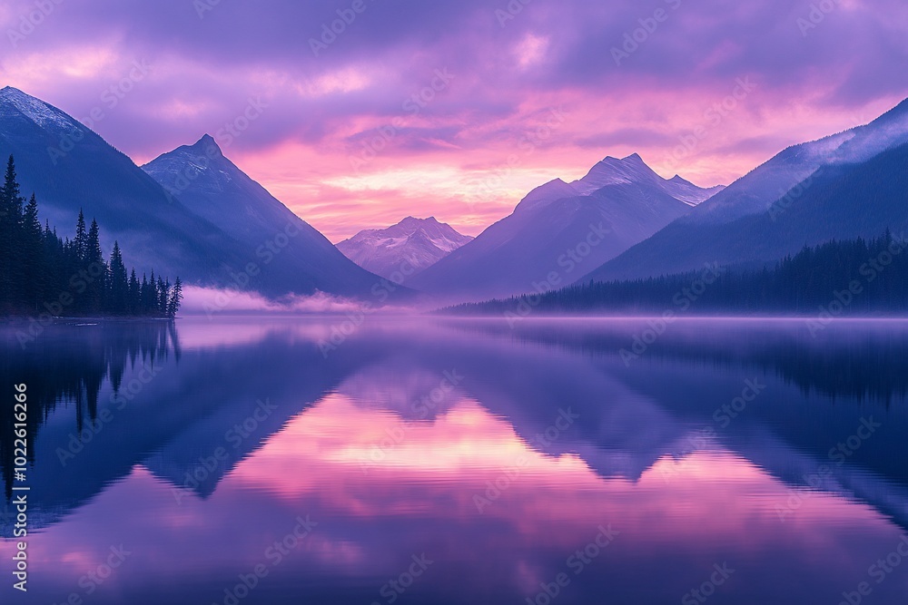 A serene mountain lake at dawn with a vibrant pink and purple sky reflected in the still water. A serene mountain lake at dawn with a vibrant pink and purple sky reflected in the still water.