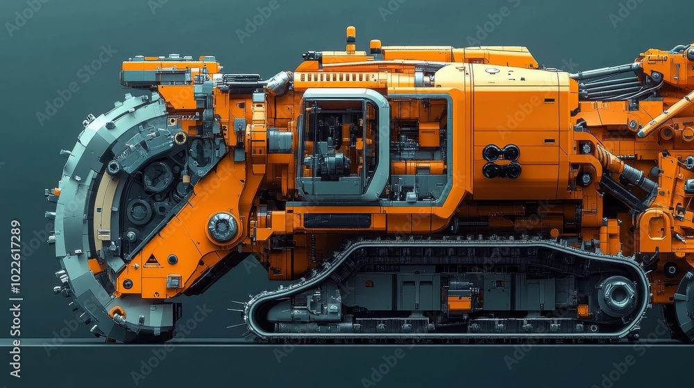 Fototapeta premium A cute 3D technical drawing of a harvester, showcasing the machine mechanical details with rounded edges and a bright, appealing color palette. The close-up view highlights the technical precision in