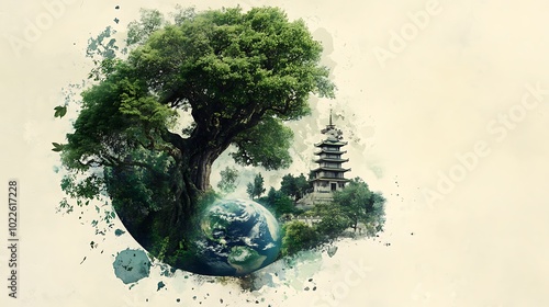 Fototapeta Naklejka Na Ścianę i Meble -  Circular illustration design of plants and planet earth with Chinese traditional building, Environment and ESG concept