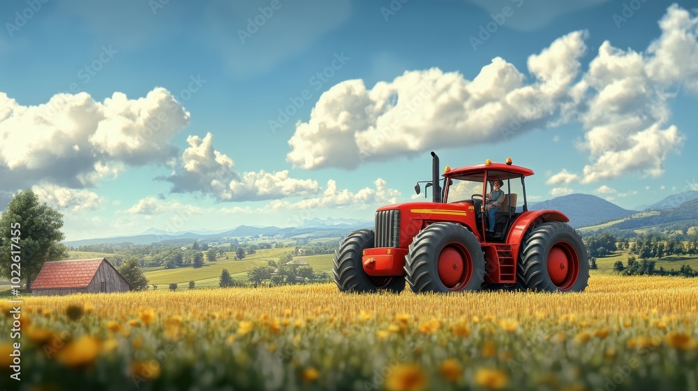 Obraz premium A 3D cute technical drawing featuring agricultural machinery like tractors, rendered with smooth, rounded shapes in high-definition detail. The scene highlights the technical aspects of farming