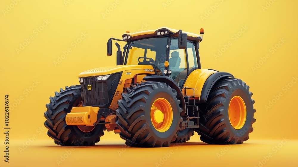 A 3D cute technical drawing of a tractor with attachments, such as plows and seeders, in a simplified, rounded style. The high-definition close-up highlights the machine engineering while keeping a A 3D cute technical drawing of a tractor with attachments, such as plows and seeders, in a simplified, rounded style. The high-definition close-up highlights the machine engineering while keeping a