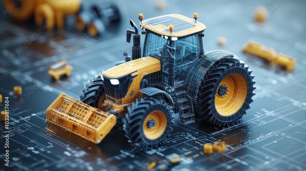 A 3D cute technical drawing of a tractor with attachments, such as plows and seeders, in a simplified, rounded style. The high-definition close-up highlights the machine engineering while keeping a A 3D cute technical drawing of a tractor with attachments, such as plows and seeders, in a simplified, rounded style. The high-definition close-up highlights the machine engineering while keeping a