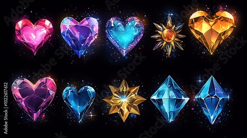 Fantasy different in shape and color gems on black background, collection of minimal well-shaped colorful gems and jewelry