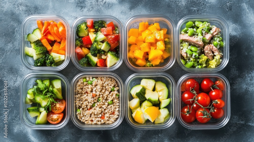 Brightly presented containers showcase delicious meals, featuring fresh vegetables and salads Brightly presented containers showcase delicious meals, featuring fresh vegetables and salads