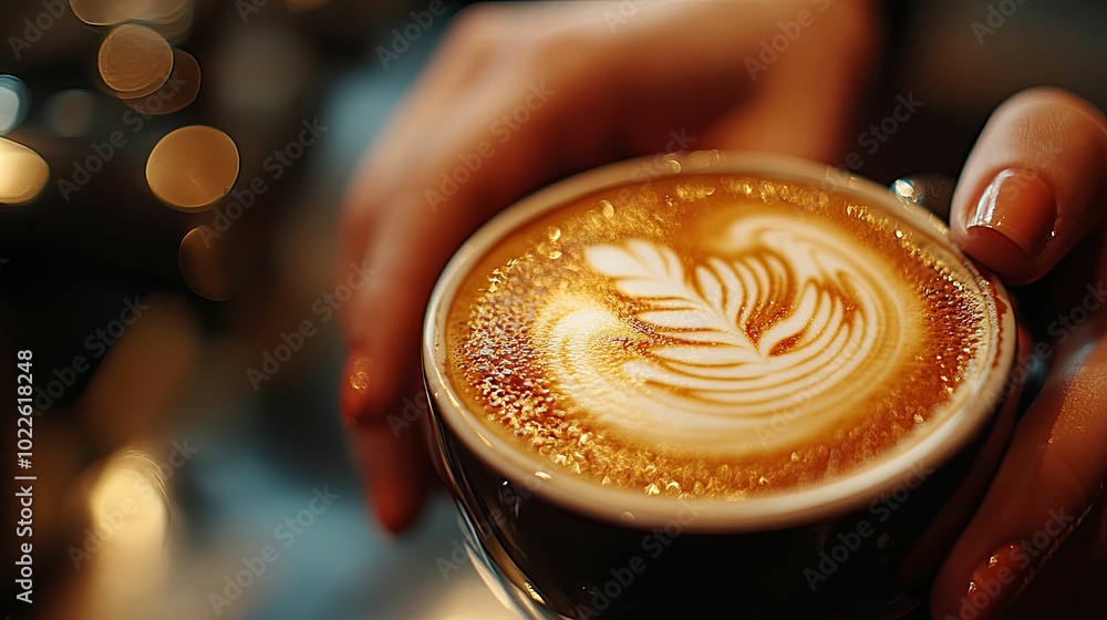 Close-up of a Latte with a Detailed Leaf Design in a Black Cup Held by a Hand Close-up of a Latte with a Detailed Leaf Design in a Black Cup Held by a Hand