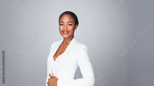 A confident African-American businesswoman in a white suit, posing with a smile and bold red lipstick against a soft gray background.