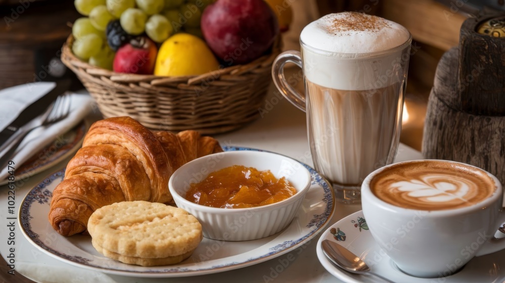 Delicious Breakfast Spread with Coffee, Croissants, Bread Buns, and Juice, Ready on the Table Delicious Breakfast Spread with Coffee, Croissants, Bread Buns, and Juice, Ready on the Table