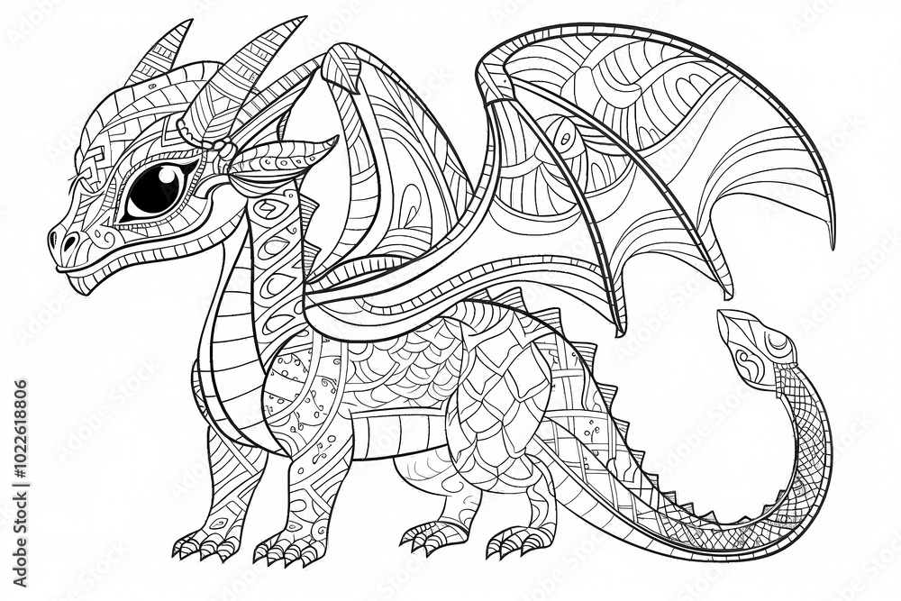Intricate black and white illustration of a fantasy dragon with ornate patterns and large wings, perfect for coloring enthusiasts. Intricate black and white illustration of a fantasy dragon with ornate patterns and large wings, perfect for coloring enthusiasts.