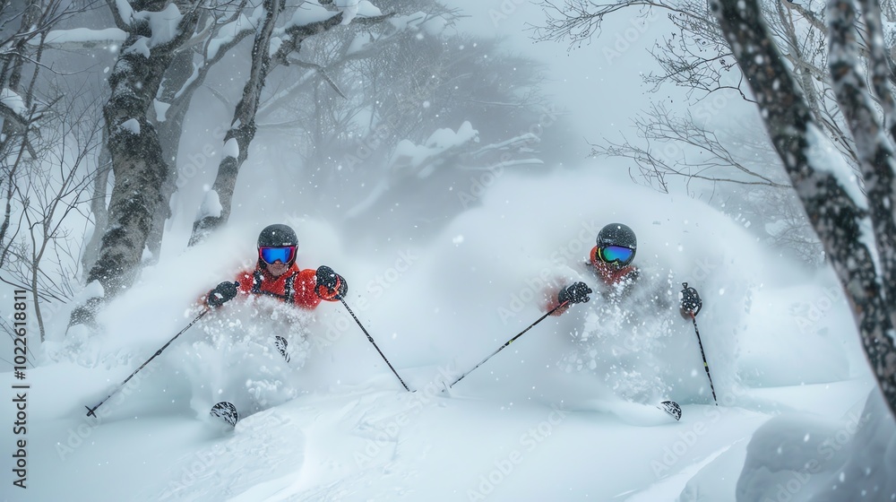Two skiers navigating fresh powder snow in a winter wonderland landscape. Two skiers navigating fresh powder snow in a winter wonderland landscape.