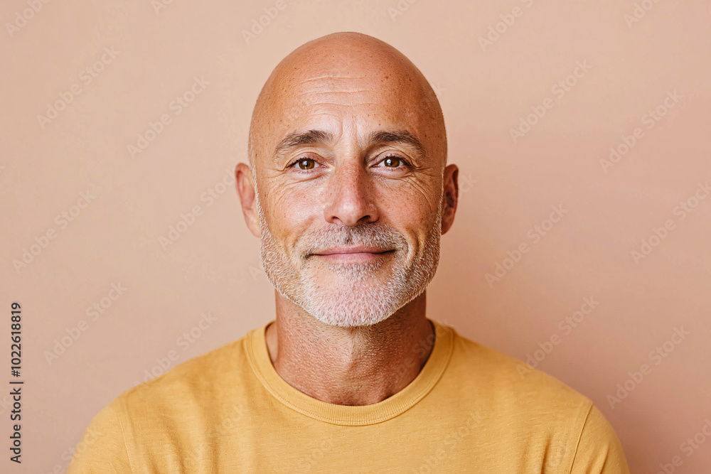 A smiling older man with a bald head and a beard, wearing a yellow sweater against a peach-colored background. A smiling older man with a bald head and a beard, wearing a yellow sweater against a peach-colored background.