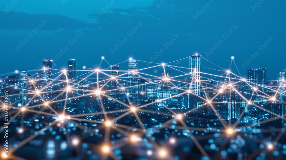 Illuminated Futuristic City Skyline at Dusk - Hyper Detailed 3D Rendering of Digital Connectivity Networks Illuminated Futuristic City Skyline at Dusk - Hyper Detailed 3D Rendering of Digital Connectivity Networks