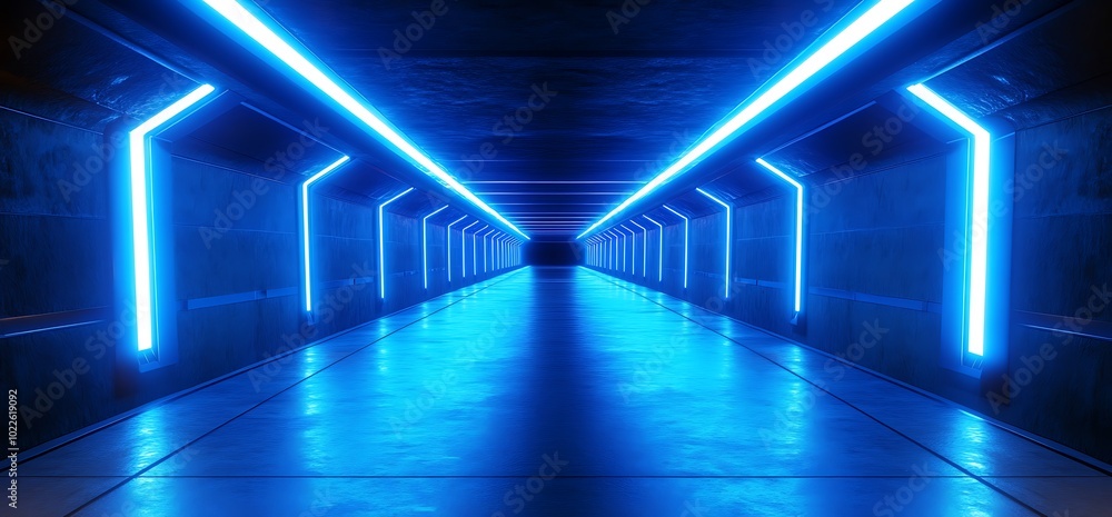 Fototapeta premium Futuristic corridor with glowing blue neon lights.