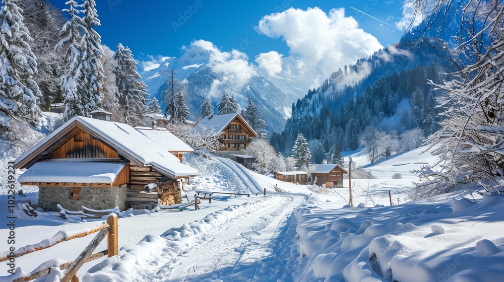 Snowy Winter Landscape with Charming Cabins Snowy Winter Landscape with Charming Cabins