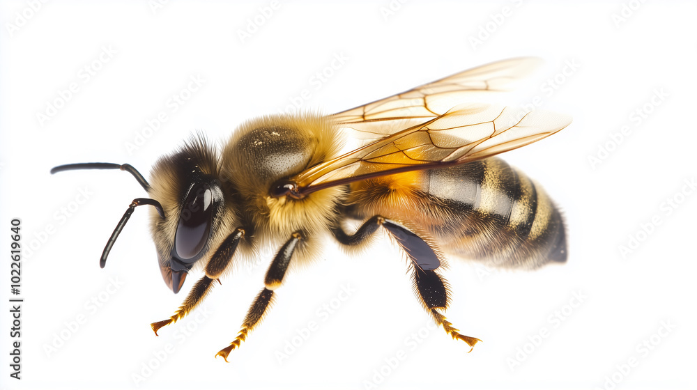 A honey bee is shown in profile on a white background. A honey bee is shown in profile on a white background.