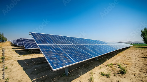 A solar farm with rows of photovoltaic cells generating clean energy contributing to carbon footprint reduction and sustainable development photo