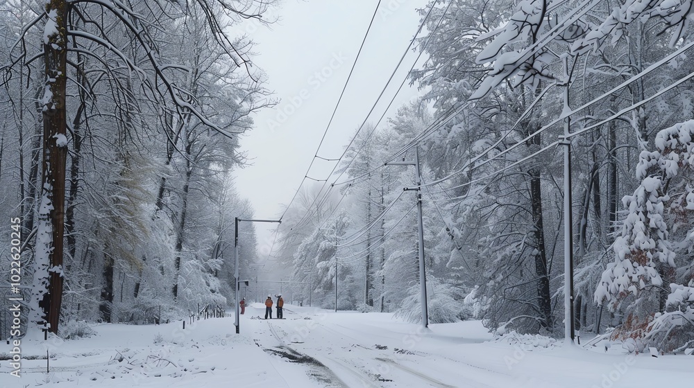 Snow-covered road lined with trees under a gray sky in winter landscape. Snow-covered road lined with trees under a gray sky in winter landscape.
