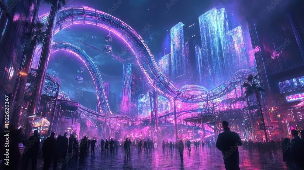 Obraz premium Futuristic amusement park, with glowing roller coasters and holographic rides