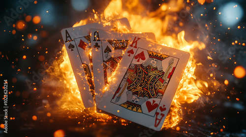 A group of playing cards, including an ace, queen, king, and jack, engulfed in flames.