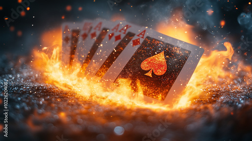 A dramatic image of four Aces of Spades engulfed in flames, resting on a bed of glowing embers.