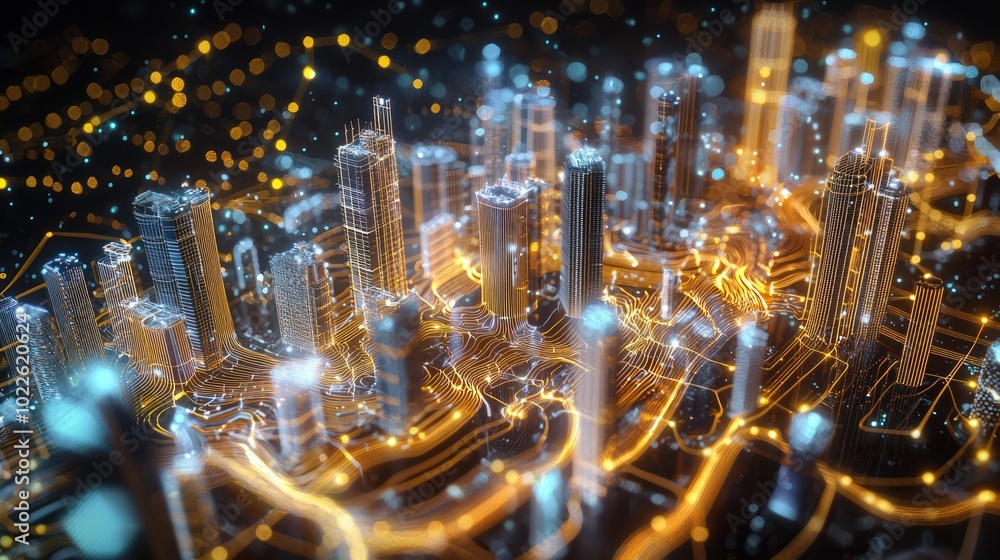 Obraz premium Futuristic Hyper-Detailed Cityscape with Illuminated Buildings and Colorful Light Trails