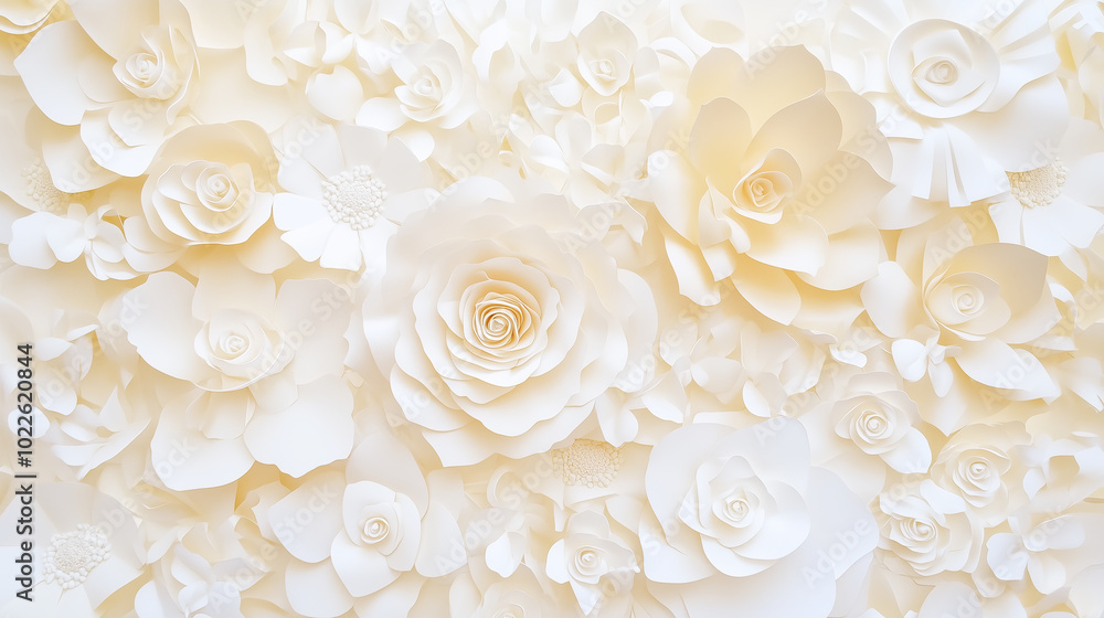 A close-up of a wall covered in delicate paper flowers, ranging from small daisies to large, intricate roses. A close-up of a wall covered in delicate paper flowers, ranging from small daisies to large, intricate roses.