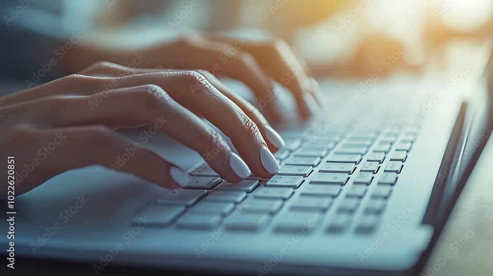 A photograph of manicured hands typing on a minimalist white keyboard, natural ambient lighting creating a serene atmosphere, neutral tones, soft reflections on the keys, slight shadow play, A photograph of manicured hands typing on a minimalist white keyboard, natural ambient lighting creating a serene atmosphere, neutral tones, soft reflections on the keys, slight shadow play,