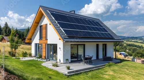 Solar panels mounted on a house in a rural area providing clean renewable energy and reducing the homes carbon footprint