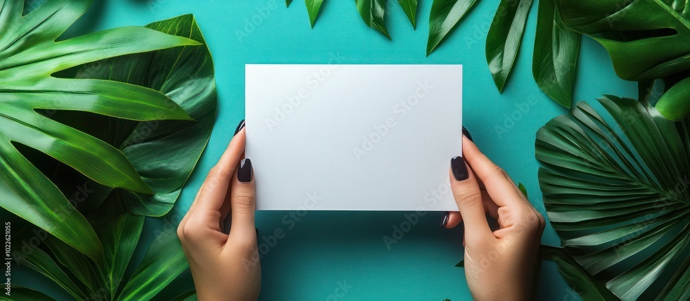 Female hands holding a blank white card with green leaves background. Female hands holding a blank white card with green leaves background.